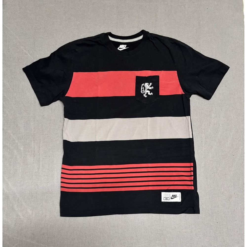 Nike Mens T-shirt Graphic Tee Size L Black Red Striped LBJ Organic Cotton